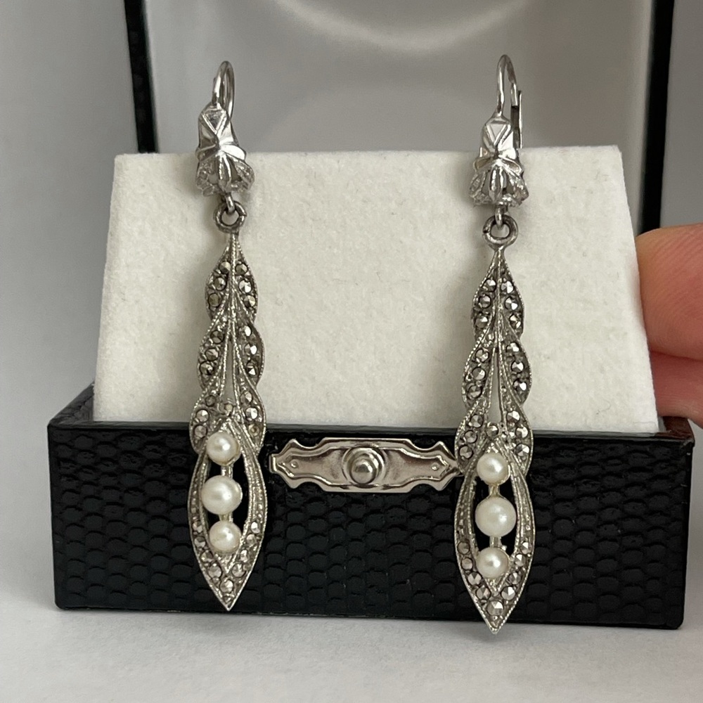 Antique pearl marcasite solid sterling silver earrings - Picture 2 of 6